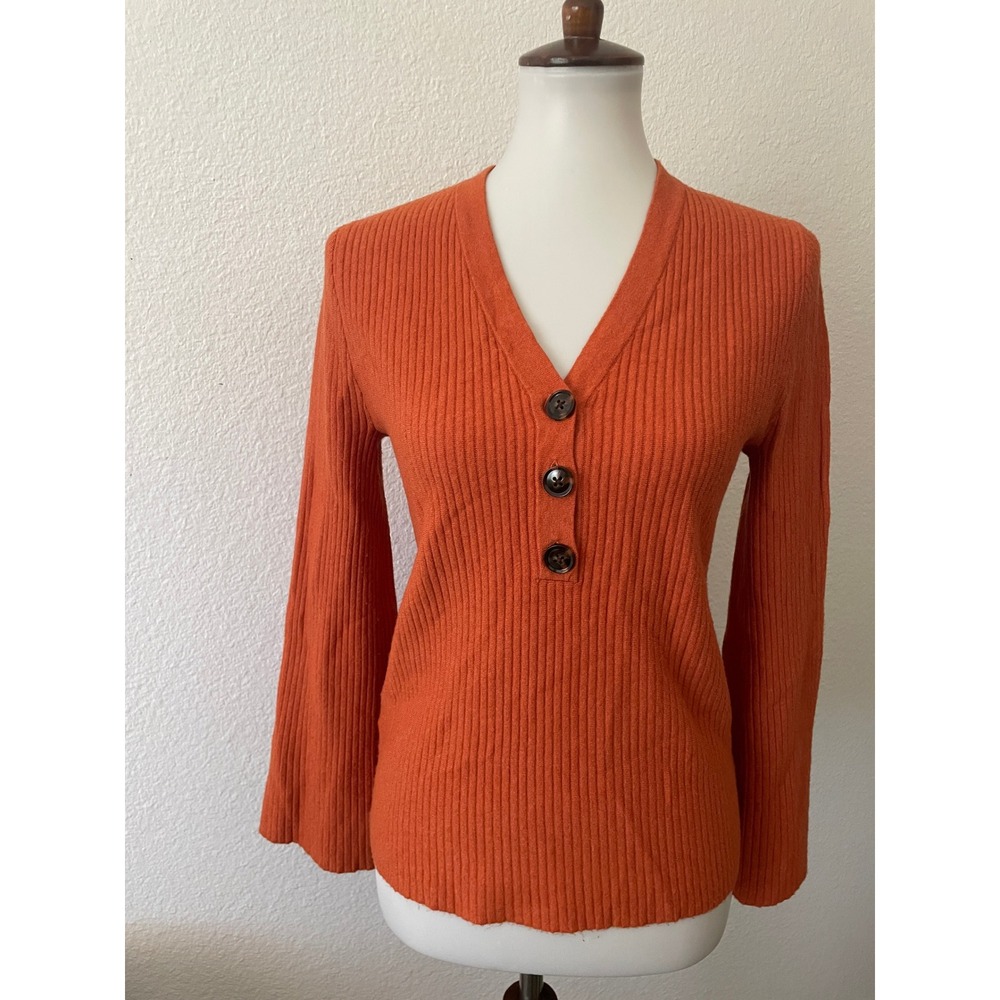 Ann Taylor Henley Sweater Women S Orange Ribbed Knit Preppy Quiet Luxury